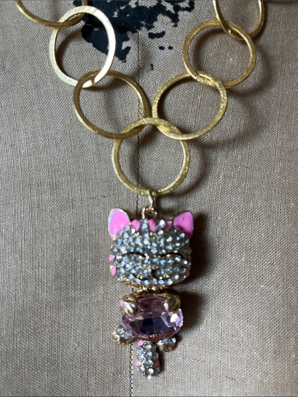 CAT Necklace with Pink Crystal Cat Charm on matte gold chain